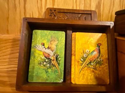 ANTIQUE CHESS PIECES WITH A GOOD BACK STORY AND VINTAGE WOODEN BOXES OF PLAYING CARDS