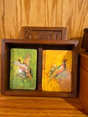 ANTIQUE CHESS PIECES WITH A GOOD BACK STORY AND VINTAGE WOODEN BOXES OF PLAYING CARDS