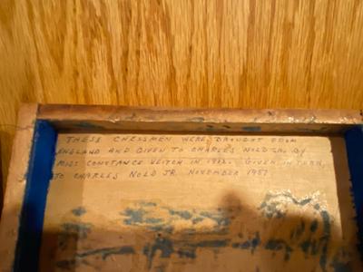 ANTIQUE CHESS PIECES WITH A GOOD BACK STORY AND VINTAGE WOODEN BOXES OF PLAYING CARDS