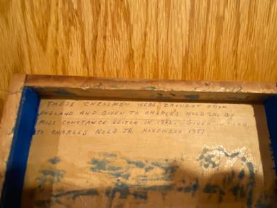 ANTIQUE CHESS PIECES WITH A GOOD BACK STORY AND VINTAGE WOODEN BOXES OF PLAYING CARDS