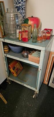 Vintage utility retro mid century modern metal rolling CART, Green