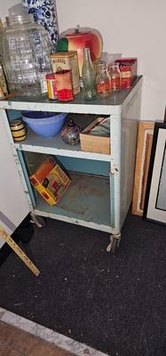 Vintage utility retro mid century modern metal rolling CART, Green