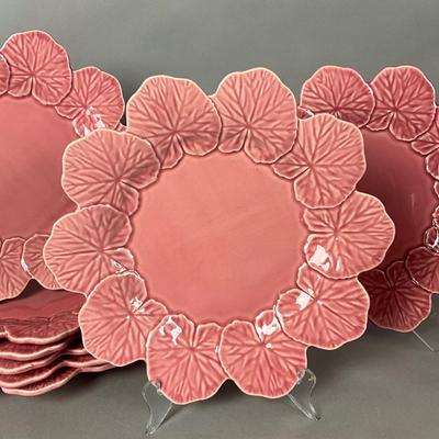 K700 Set of 8 Majolica Pink Plates with 4 Goblets and Covered Butter Dish