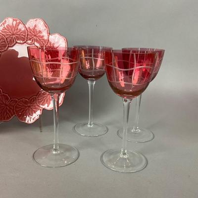 K700 Set of 8 Majolica Pink Plates with 4 Goblets and Covered Butter Dish