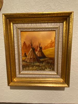 OIL PAINTING OF TEEPEES BY CG BLAYLOCK AND "TREE TRUNKS IN FALL GRASSES" BY PROCTOR