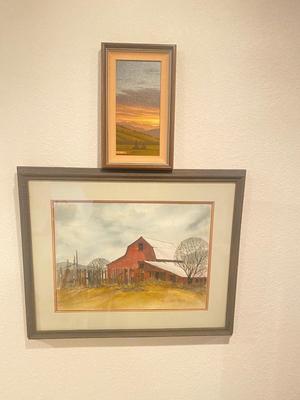 OIL PAINTING "LAYERED HILLS" BY CLIFFORD BAILEY AND A FARM SCENE BY FARLAND