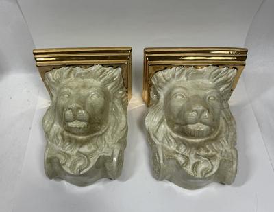 2 Vintage Painted Gold Plaster Lion Head Wall Decor Shelf