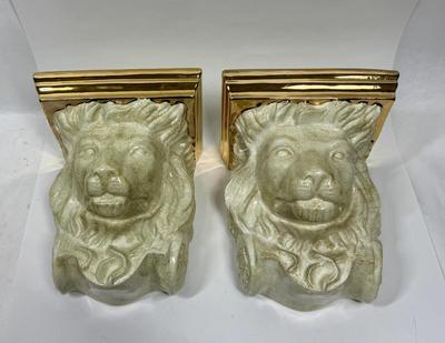 2 Vintage Painted Gold Plaster Lion Head Wall Decor Shelf