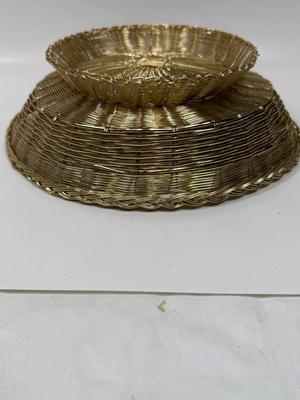 Vintage French Country Gold Metal Hand Woven Bread Basket