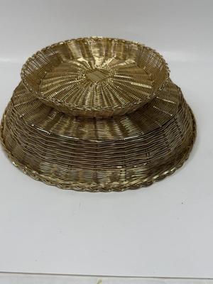 Vintage French Country Gold Metal Hand Woven Bread Basket