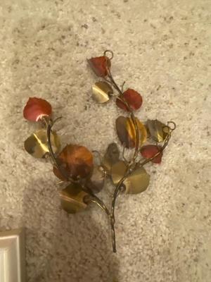 2 SIGNED PICTURES OF FLOWER CARTS PLUS TIN LEAF WALL DECOR