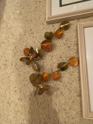 2 SIGNED PICTURES OF FLOWER CARTS PLUS TIN LEAF WALL DECOR