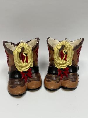 Vintage Painted Plaster Ceramic Cowboy Boot Shaped Vase or Planter - a Pair