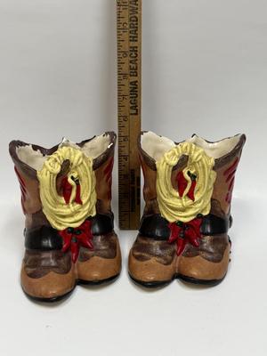 Vintage Painted Plaster Ceramic Cowboy Boot Shaped Vase or Planter - a Pair