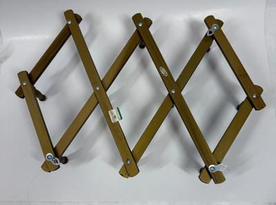 Vintage Wood Accordion Peg Rack, painted gold with white flower accent