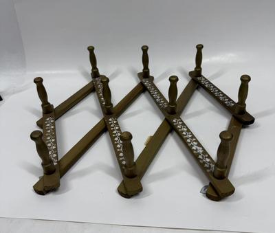 Vintage Wood Accordion Peg Rack, painted gold with white flower accent