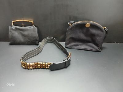 Vintage Ande clutch bag / purse with gold metal handle with another vintage purse and a fancy belt
