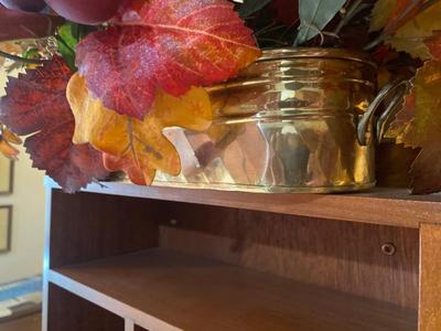 BRASS TUB WITH FAUX FLORAL ARRANGEMENT AND CLEVER WOODEN WALL ORGANIZER