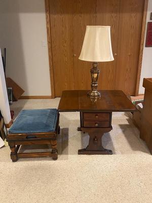 KLING COLONIAL DROP LEAF SIDE TABLE, BRASS LAMP, ETHAN ALLEN OTTOMAN