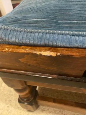 KLING COLONIAL DROP LEAF SIDE TABLE, BRASS LAMP, ETHAN ALLEN OTTOMAN