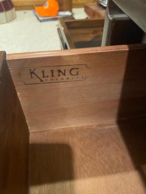 KLING COLONIAL DROP LEAF SIDE TABLE, BRASS LAMP, ETHAN ALLEN OTTOMAN