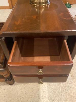 KLING COLONIAL DROP LEAF SIDE TABLE, BRASS LAMP, ETHAN ALLEN OTTOMAN