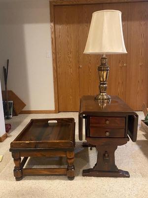 KLING COLONIAL DROP LEAF SIDE TABLE, BRASS LAMP, ETHAN ALLEN OTTOMAN