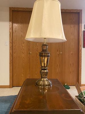 KLING COLONIAL DROP LEAF SIDE TABLE, BRASS LAMP, ETHAN ALLEN OTTOMAN