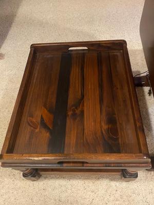 KLING COLONIAL DROP LEAF SIDE TABLE, BRASS LAMP, ETHAN ALLEN OTTOMAN