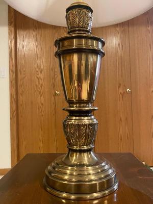 KLING COLONIAL DROP LEAF SIDE TABLE, BRASS LAMP, ETHAN ALLEN OTTOMAN