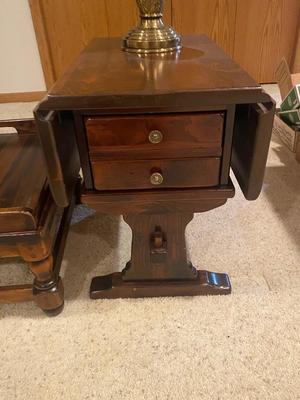 KLING COLONIAL DROP LEAF SIDE TABLE, BRASS LAMP, ETHAN ALLEN OTTOMAN