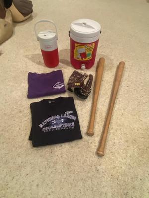 BASEBALL BATS, WILSON GLOVE, ROCKIES SHIRTS AND BEVERAGE COOLERS