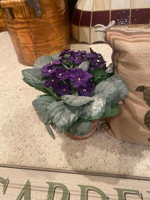 WALL DECOR, MATCHING THROW PILLOW AND PRETTY FAUX AFRICAN VIOLET