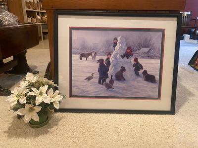 ROBERT DUNCAN “OUR GIANT” ART PIECE AND WHITE POINSETTIAS IN SEASON OF THE ARTWORK