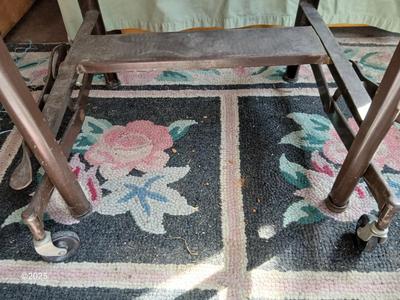 Anique drop leaf Hi-Lo by metal stand / typewriter stand with drop down adjustable wheels - Phila. Pa.