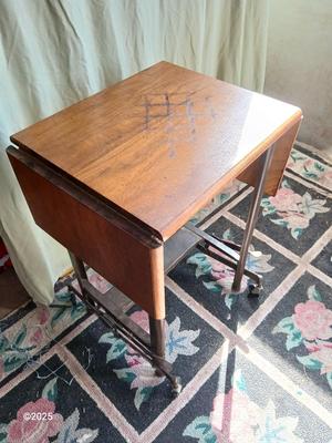 Anique drop leaf Hi-Lo by metal stand / typewriter stand with drop down adjustable wheels - Phila. Pa.