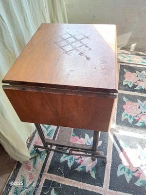 Anique drop leaf Hi-Lo by metal stand / typewriter stand with drop down adjustable wheels - Phila. Pa.