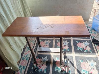 Anique drop leaf Hi-Lo by metal stand / typewriter stand with drop down adjustable wheels - Phila. Pa.