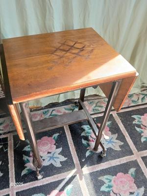 Anique drop leaf Hi-Lo by metal stand / typewriter stand with drop down adjustable wheels - Phila. Pa.
