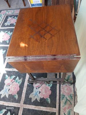 Anique drop leaf Hi-Lo by metal stand / typewriter stand with drop down adjustable wheels - Phila. Pa.