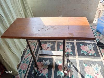 Anique drop leaf Hi-Lo by metal stand / typewriter stand with drop down adjustable wheels - Phila. Pa.