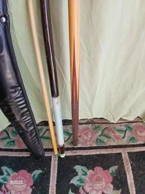 Two vintage pool cues - Sears Roebuck # 40848 48" cue & an older unmarked two-piece cue with case