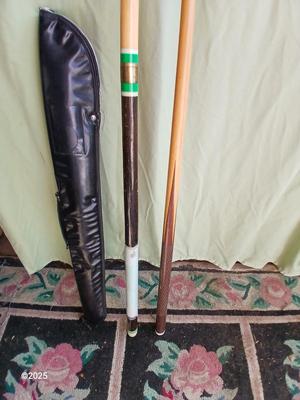 Two vintage pool cues - Sears Roebuck # 40848 48" cue & an older unmarked two-piece cue with case