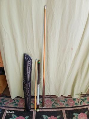 Two vintage pool cues - Sears Roebuck # 40848 48" cue & an older unmarked two-piece cue with case