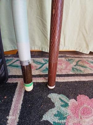 Two vintage pool cues - Sears Roebuck # 40848 48" cue & an older unmarked two-piece cue with case