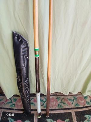 Two vintage pool cues - Sears Roebuck # 40848 48" cue & an older unmarked two-piece cue with case