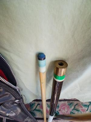 Two vintage pool cues - Sears Roebuck # 40848 48" cue & an older unmarked two-piece cue with case