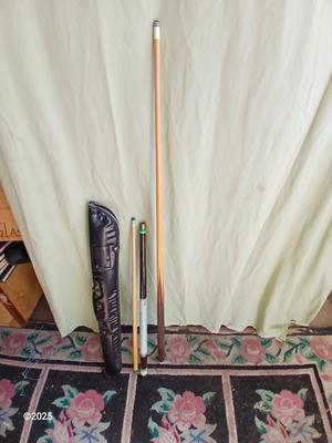 Two vintage pool cues - Sears Roebuck # 40848 48" cue & an older unmarked two-piece cue with case