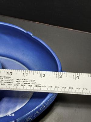 Roseville Pottery Frog with repaired Roseville Pottery Fuschia Blue Centerpiece Bowl