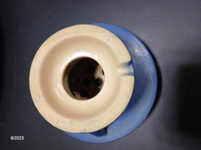 Roseville Pottery Frog with repaired Roseville Pottery Fuschia Blue Centerpiece Bowl